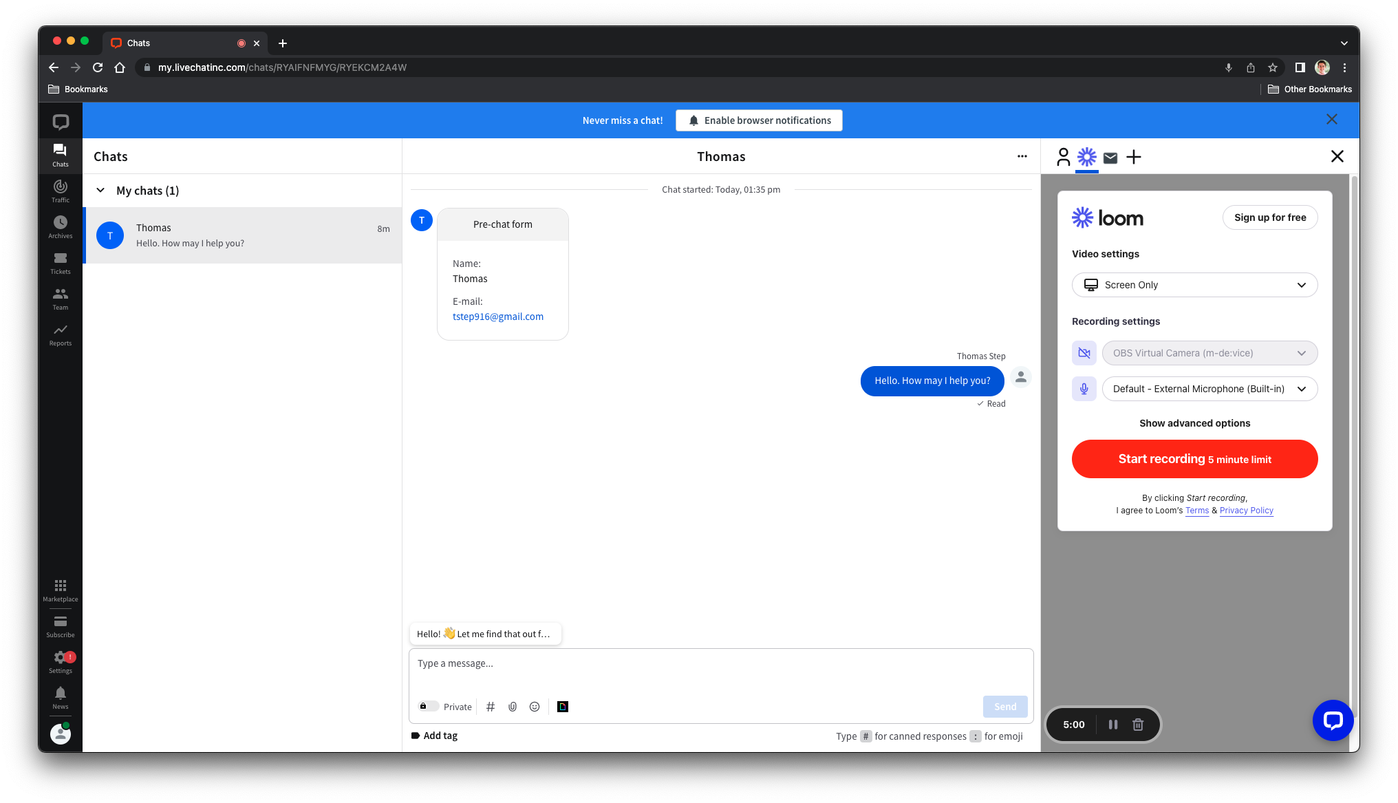 Picture of Loom for LiveChat configuring recording