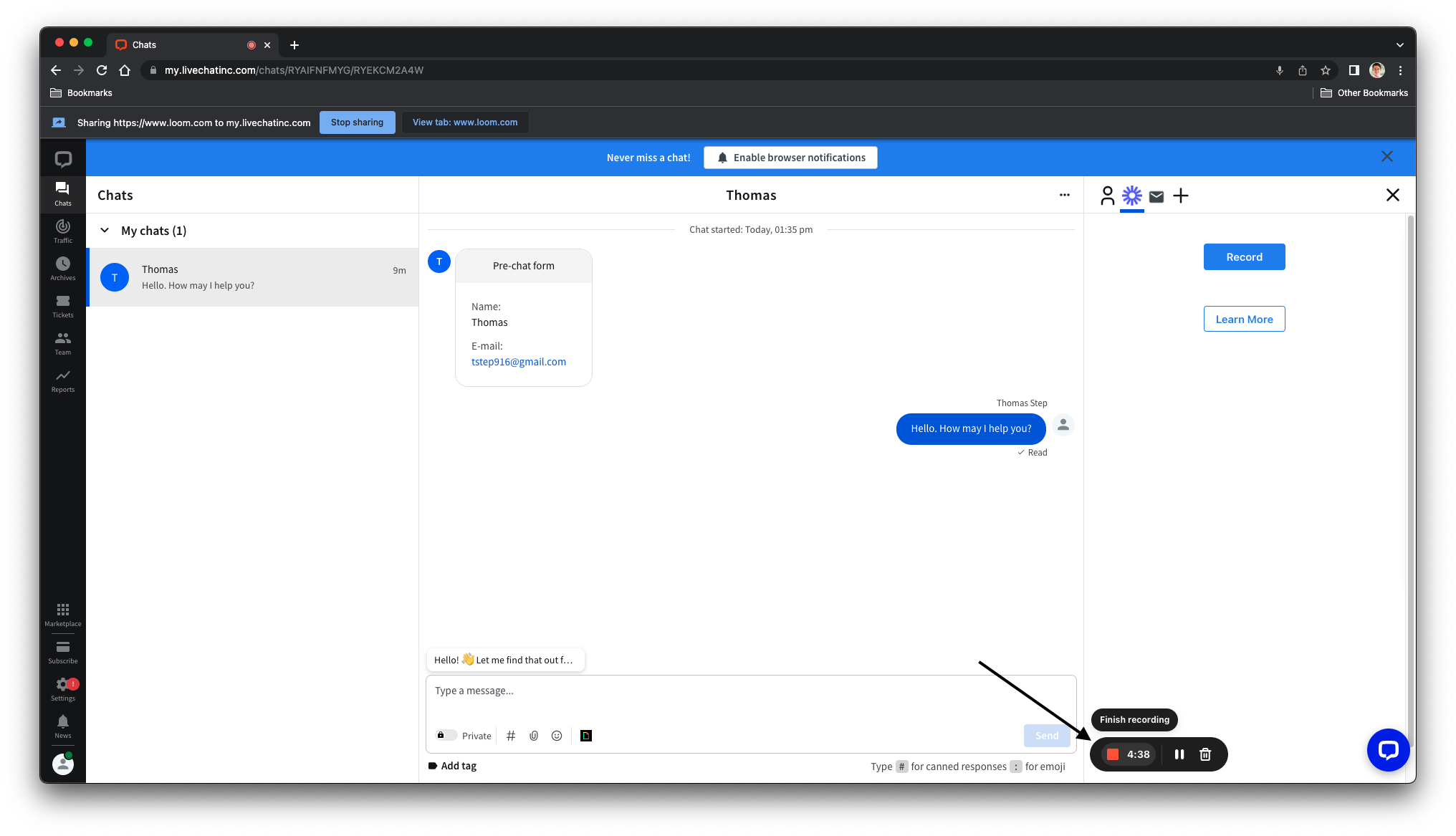 Picture of Loom for LiveChat finishing recording