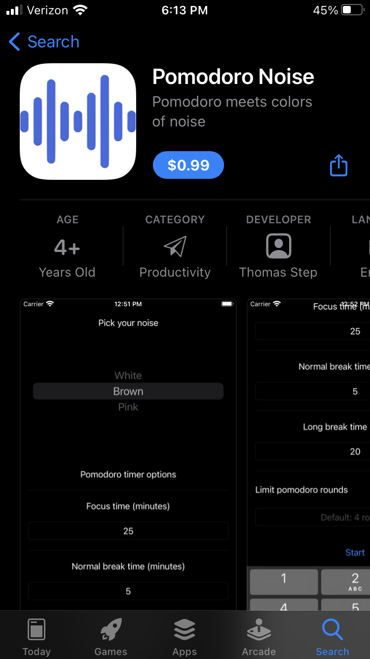 Screenshot of Pomodoro Noise in the Apple App Store