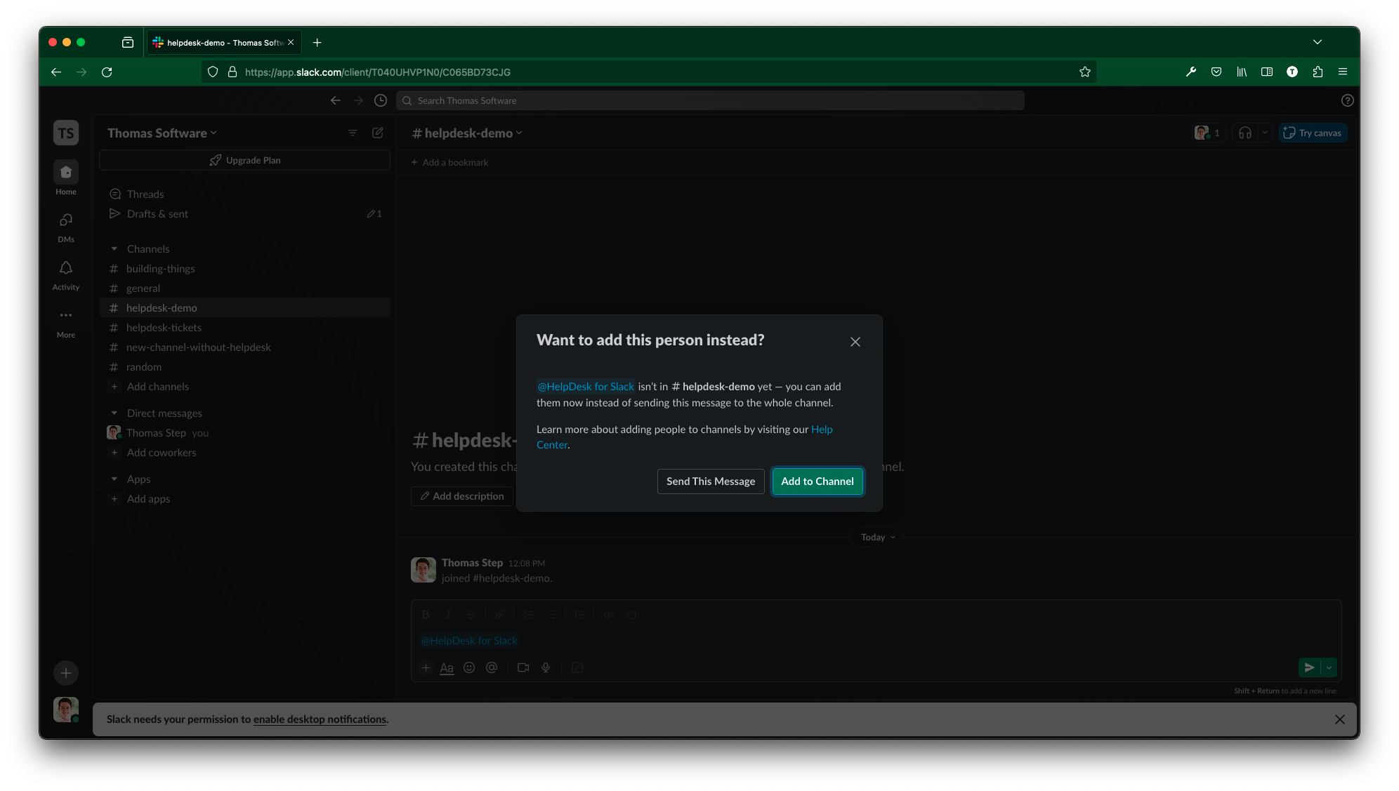 Screenshot of Slack for HelpDesk being added to Slack channel