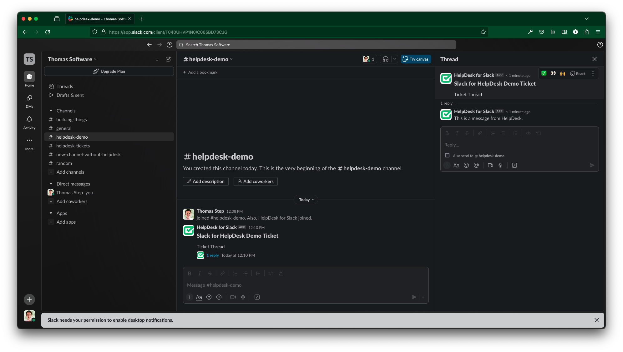 Screenshot of Slack for HelpDesk posting to a Slack channel